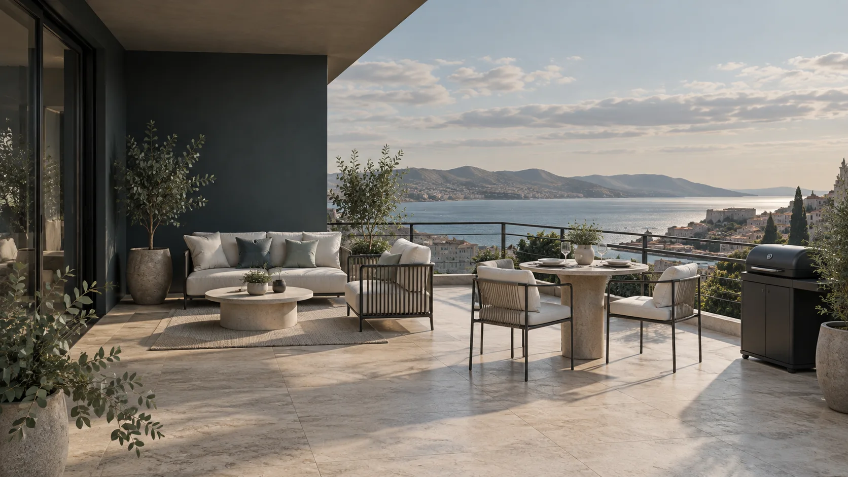 Terrasse contemporaine aménagée avec mobilier compact, végétation et espace barbecue